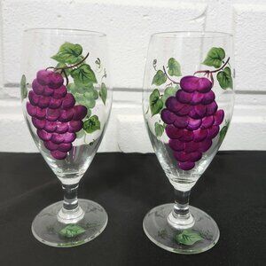 Vintage Hand Painted Wine Glass with Grape Vine Design - Set of 2